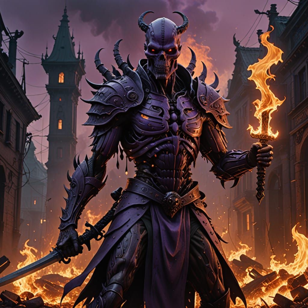 Dark Fantasy Figure Wields Flame Sword Amidst Haunting Infer...