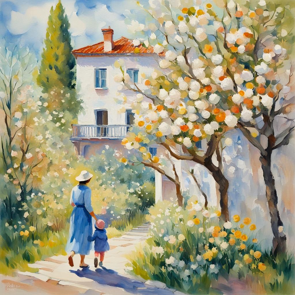 Spring Cityscape in Gouache Style with Woman and Baby