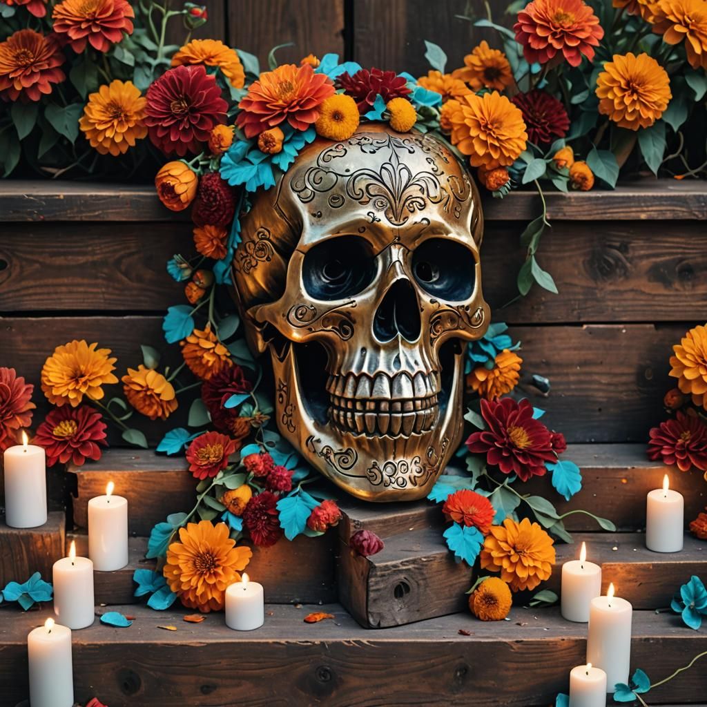 Ornate Mexican Skull with Flowers and Candles