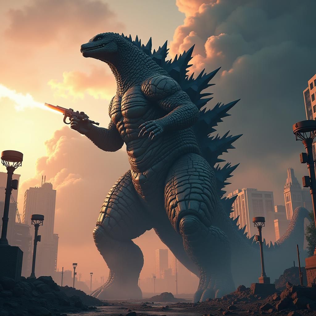 Godzilla with RPG Launcher in Apocalyptic Cityscape