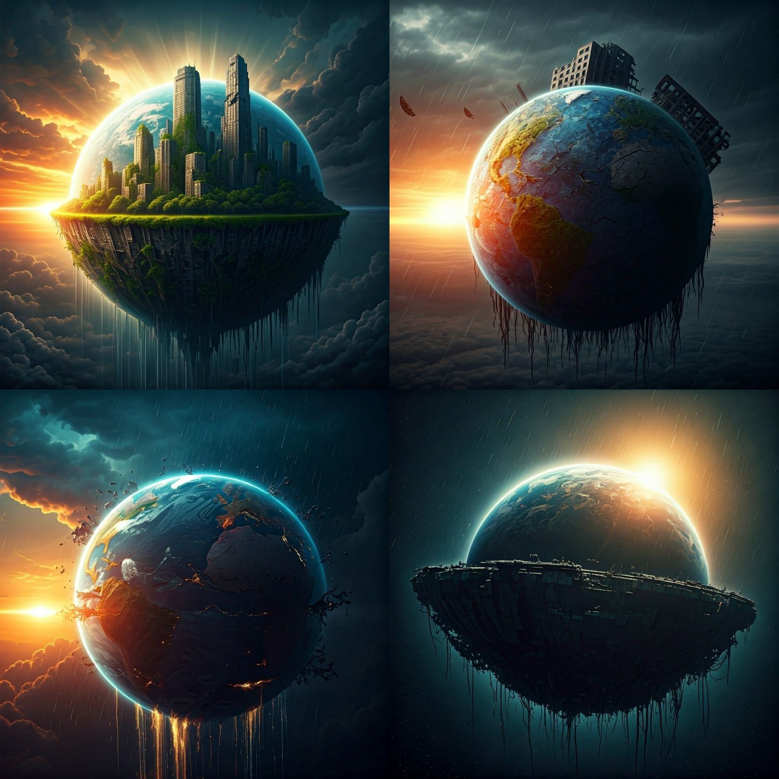 Giant Earth with Damaged Buildings at Sunrise