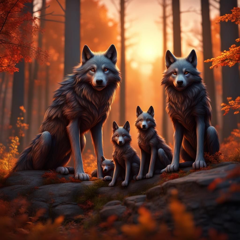 Wolf Family in Autumn Forest at Sunset