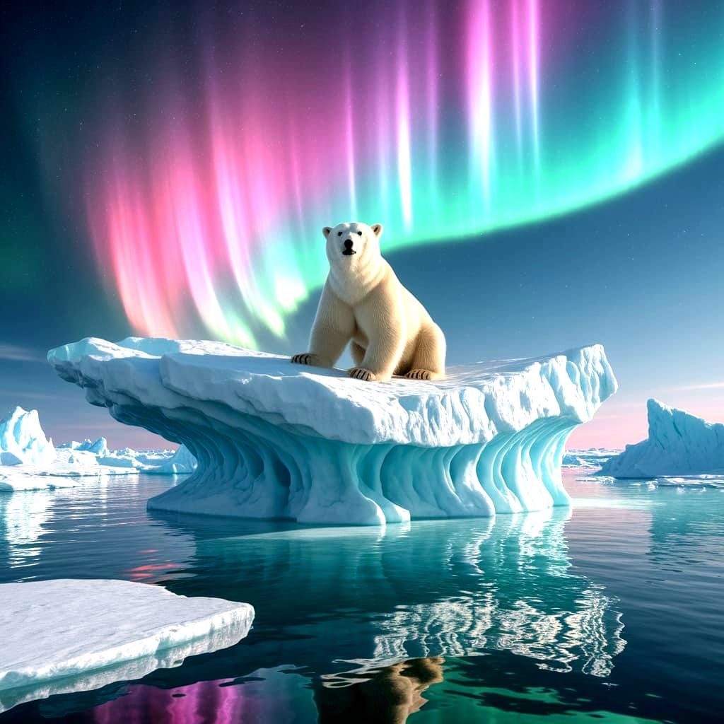Polar Bear Drifting Under Northern Lights