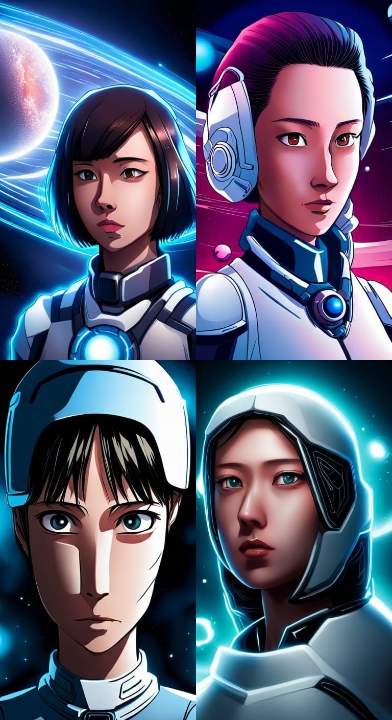 Anime Woman as Cosmic Entity in Galactic Exosuit