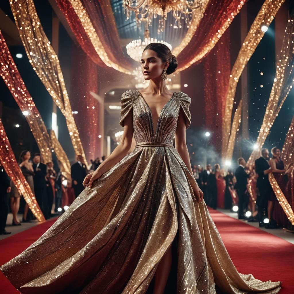 Glamorous Woman on Red Carpet in High-Fashion Portrait