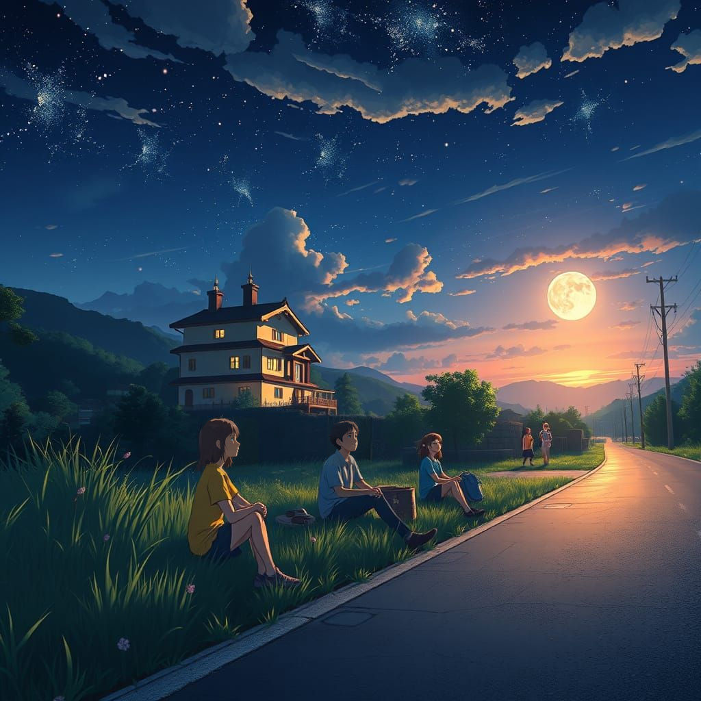 People Sit on Roadside in Vibrant Anime Style