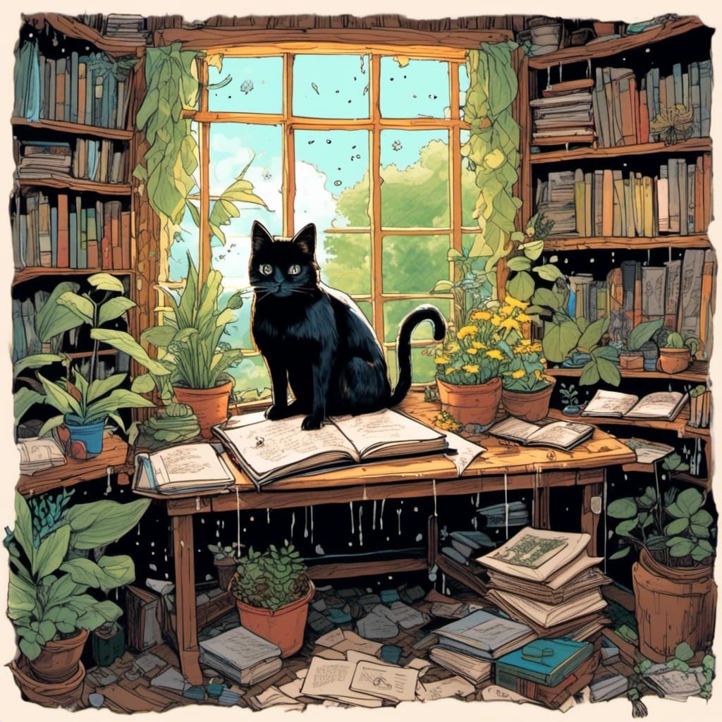 Enchanted Cottagecore Botanist's Study with Black Cat