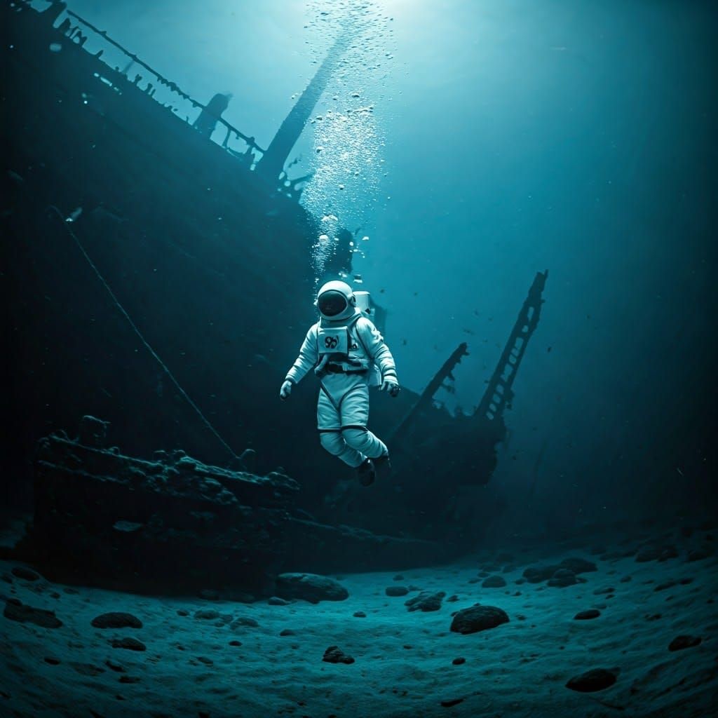 Astronaut in the Ocean: Futuristic Diving Suit in Ethereal D...