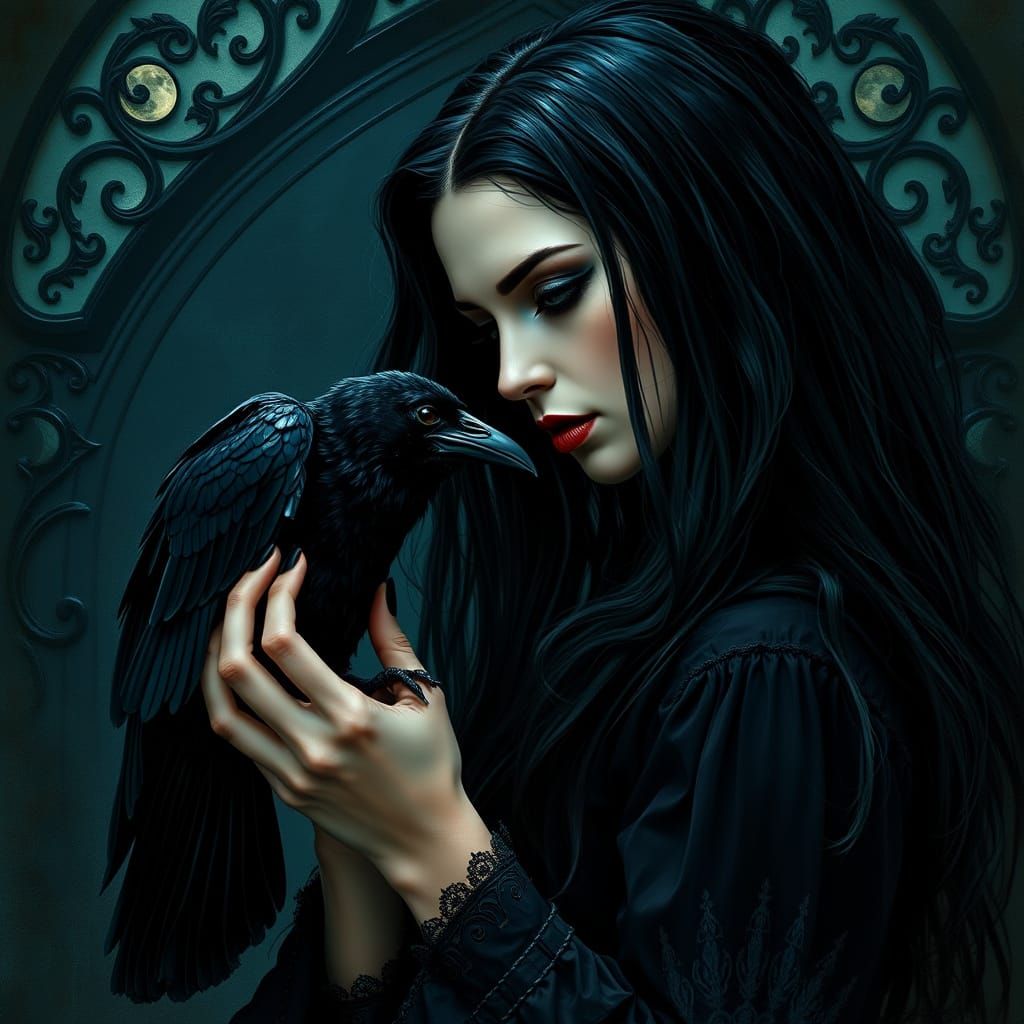 Gothic Witch with Raven in Eerie Moonlight