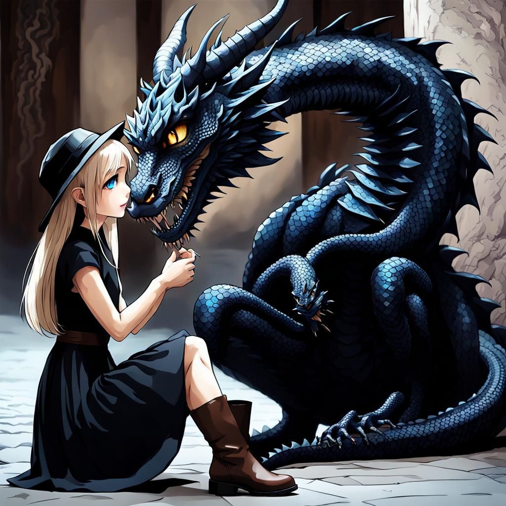 a girl with blonde tailed hair blue chinese eyes in a black dress a small brown hat and black boots interacting a small ...