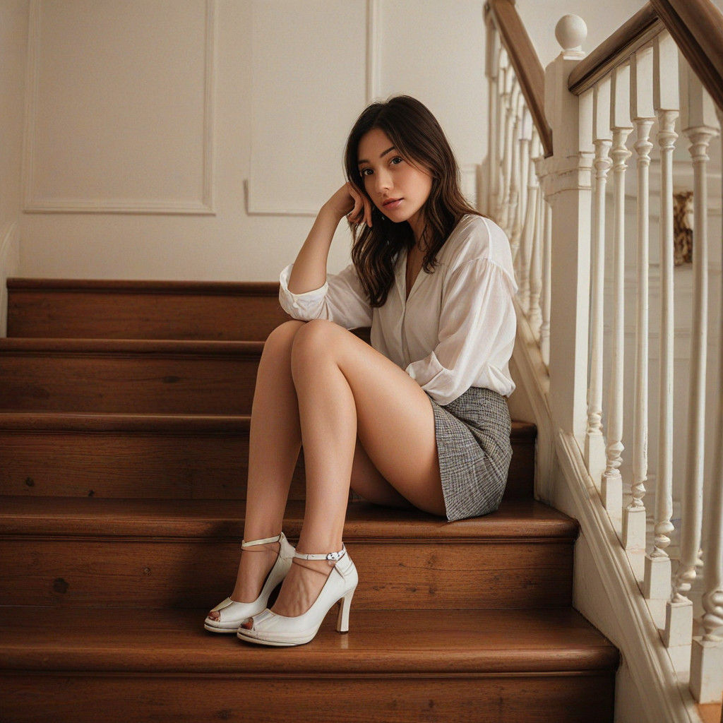 Low-Angle Portrait of a Young Woman Sitting on Stairs with W...