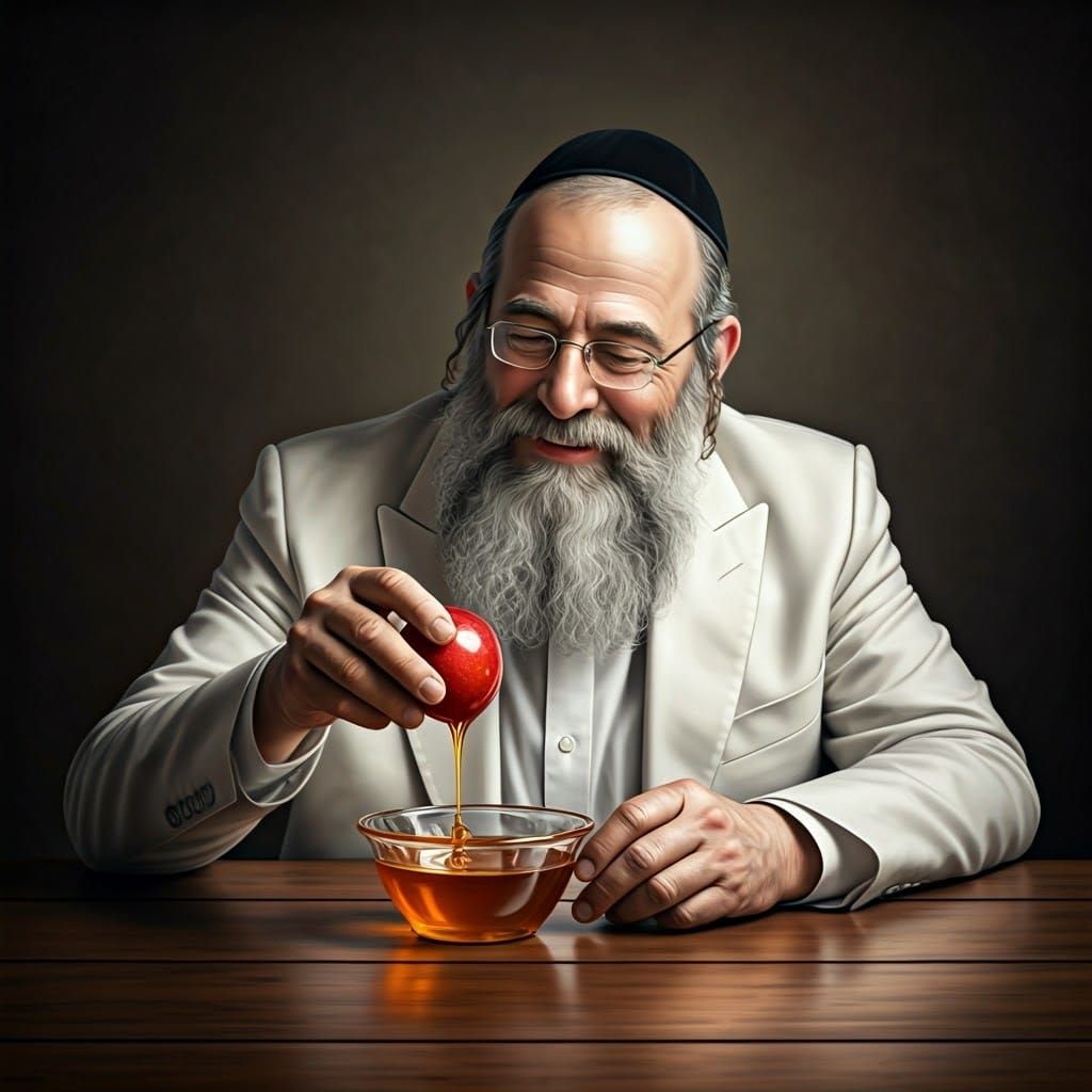 Joyful Orthodox Jew Dipping Apple, Charcoal Drawing