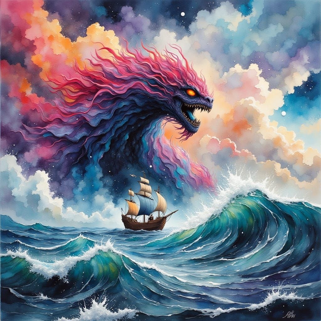 Pirate Ship vs Colossal Sea Monster in Watercolor Ink Style