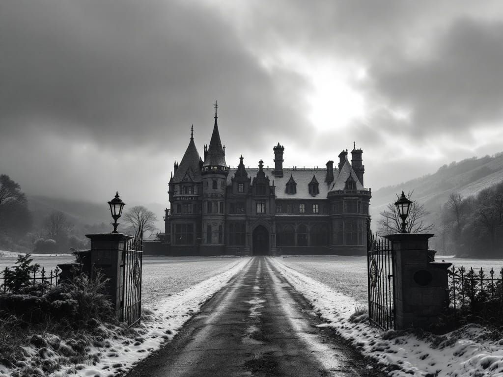 Gothic Disney Castle in Cumbrian Snowscape at Dawn