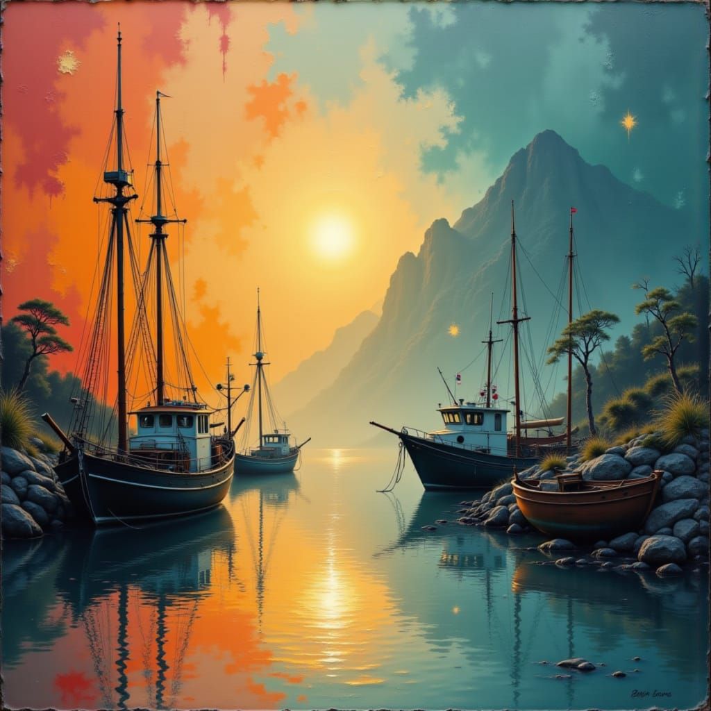 Vintage fishing harbour. Late evening sun rays, background v...