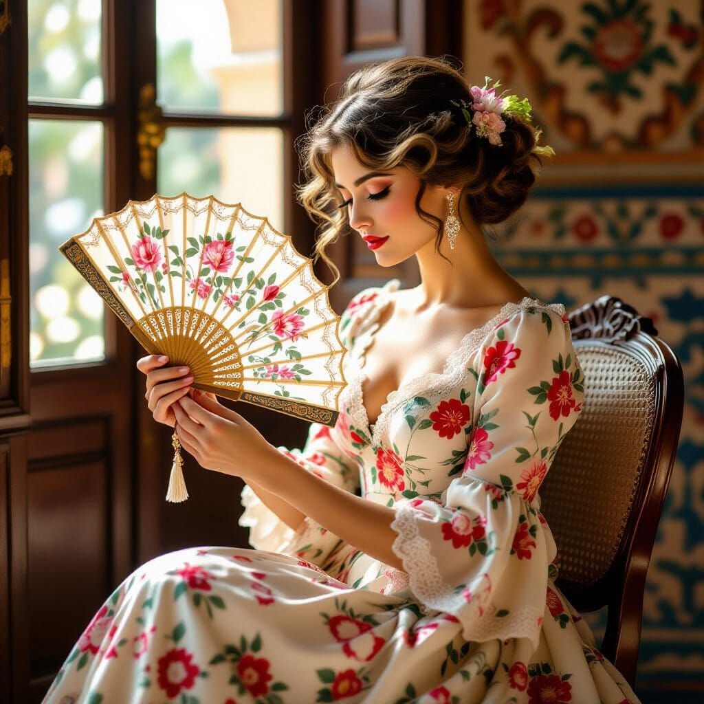 Woman with Fan in Seville, Art Nouveau Style