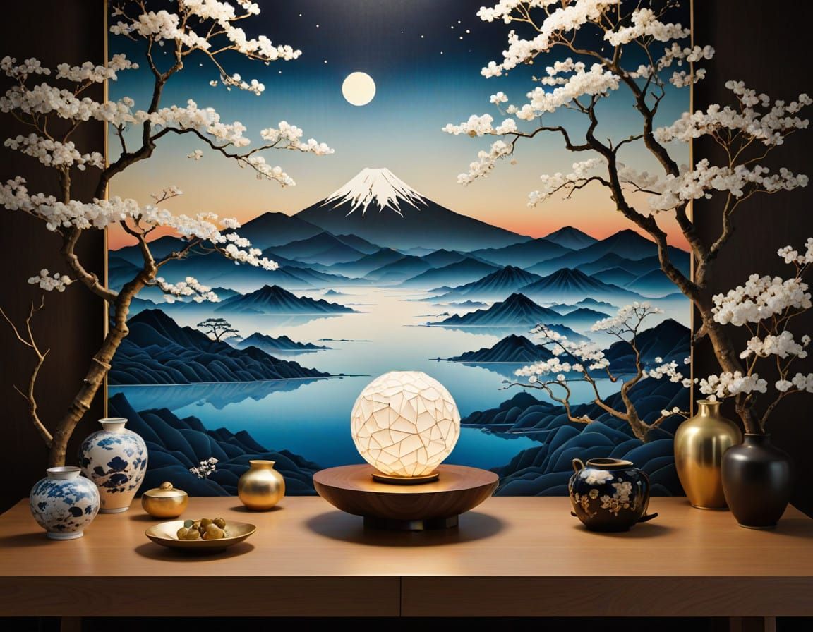 Traditional Japanese Kintsugi Landscape with Origami Element...