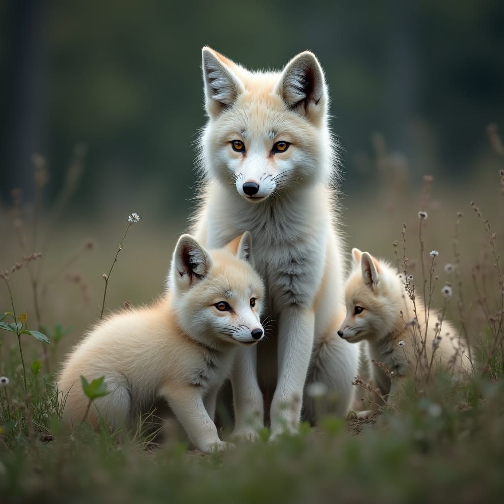 Summer Arctic Fox Mother with Her Cubs in Hyperrealistic HDR