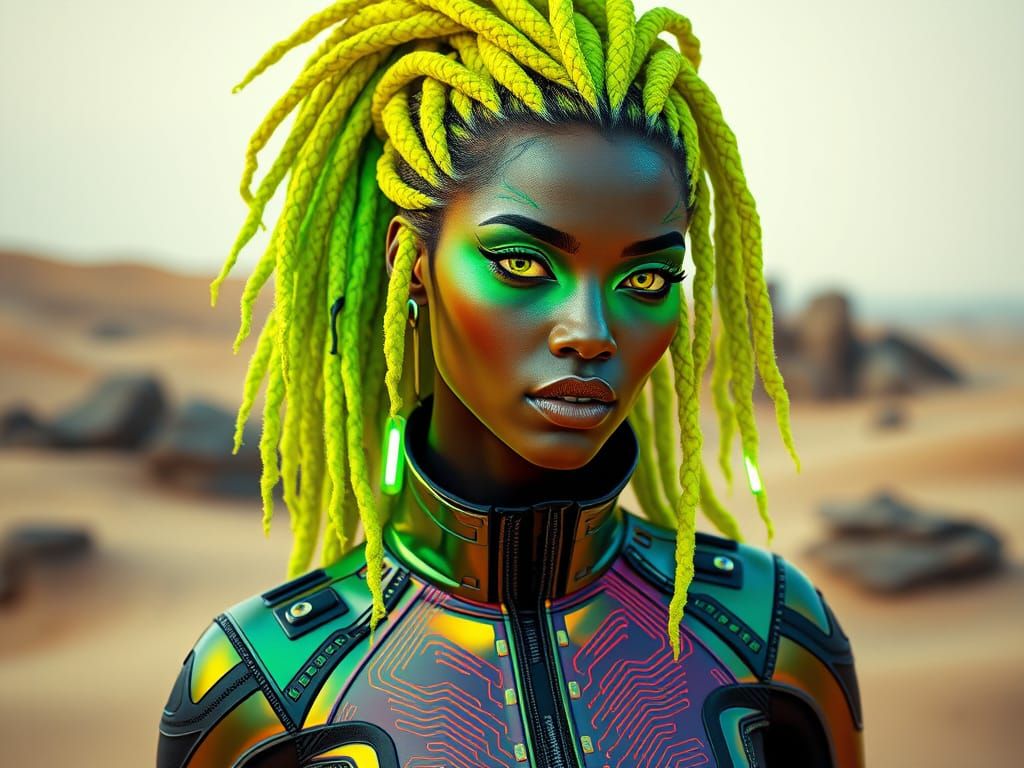Futuristic Woman with Neon Hair and Glowing Accents in a Des...