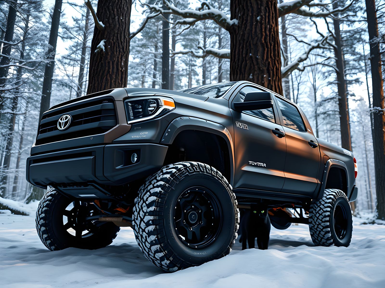 Toyota Tundra and Black Cat in Snowy Forest