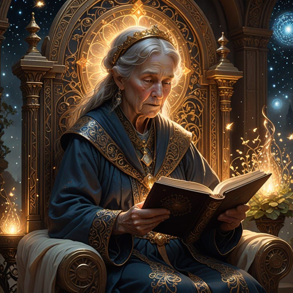 Art Nouveau Woman Reads Tome in Cosmic Setting