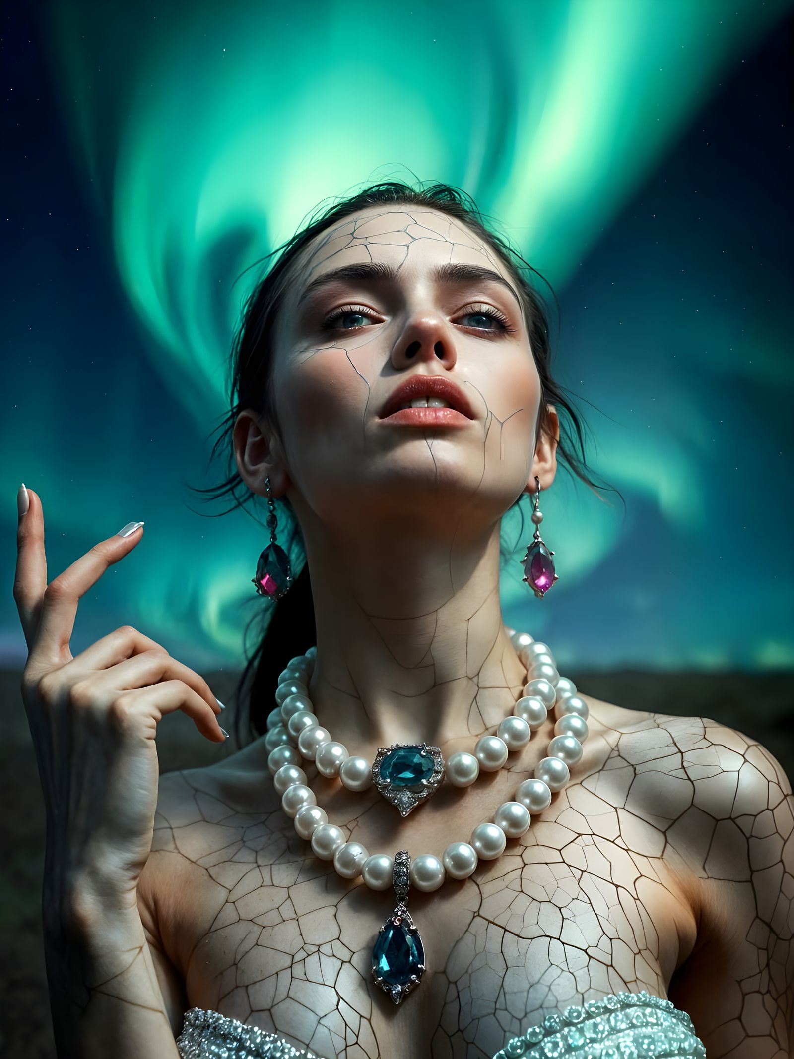 Aurora Borealis Masterpiece in Cracked Skin, Pearls, and Hem...