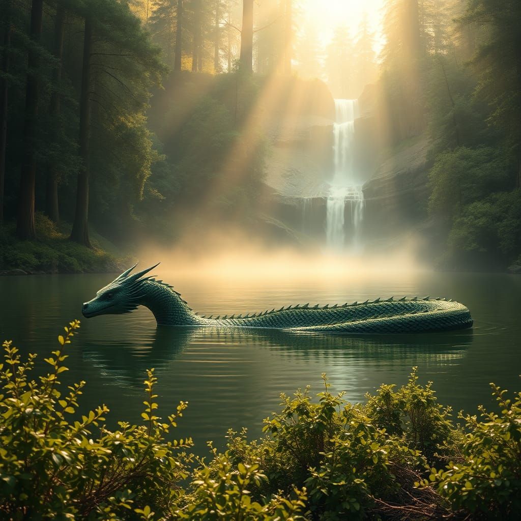 Colossal Green Dragon Submerged in Forest Lake
