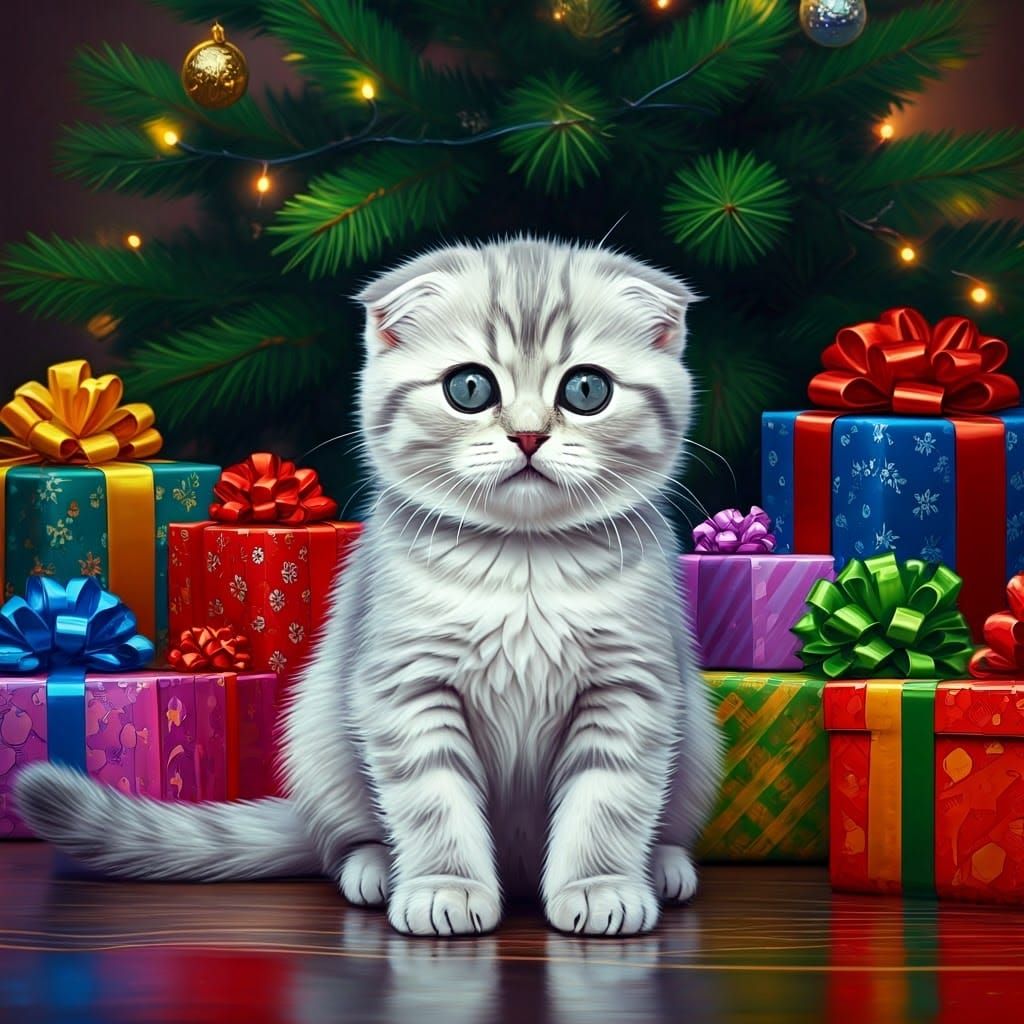 Whimsical Scottish Fold Kitten Unwraps Christmas Gifts