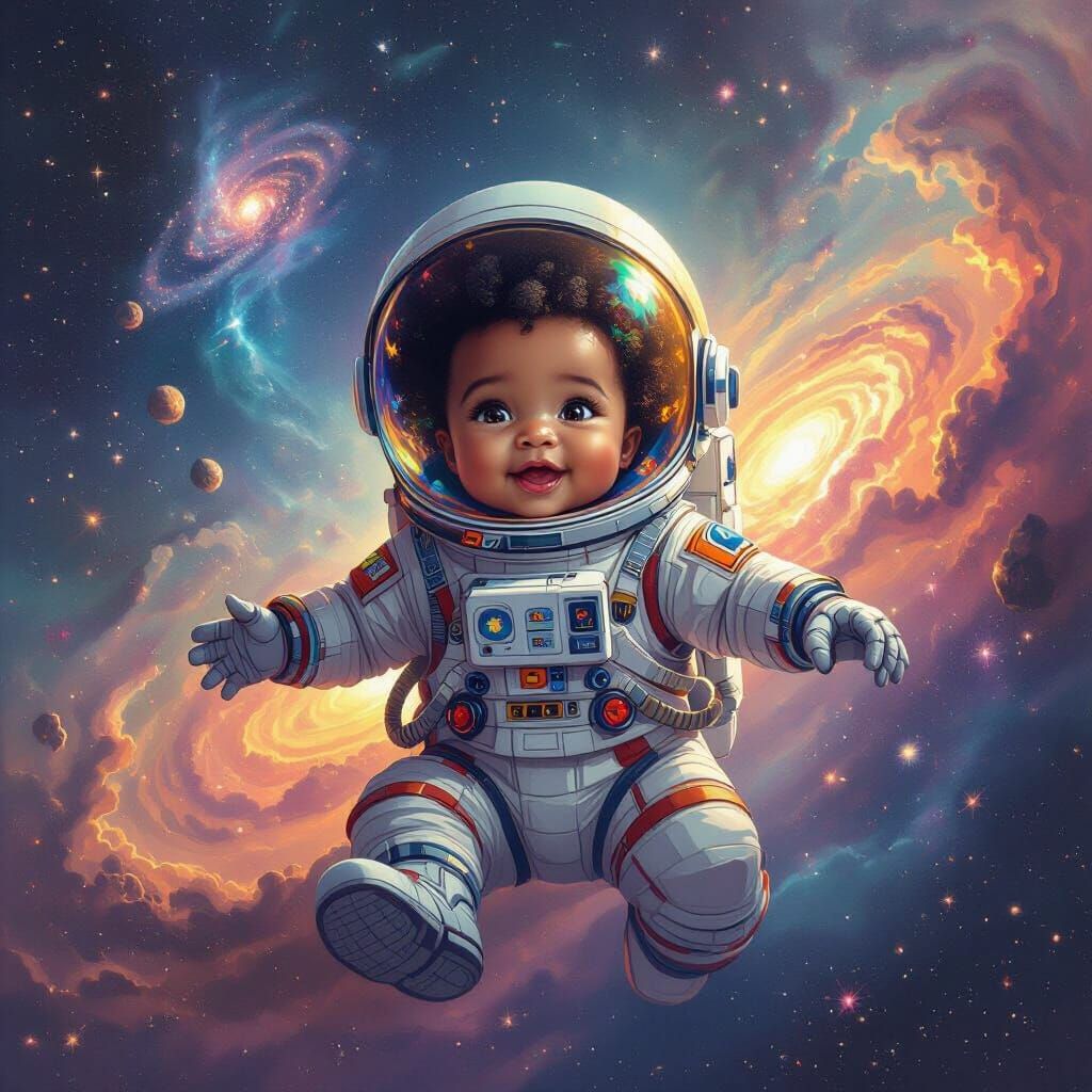 Afrofuturist Baby Astronaut in Cosmic Nebula