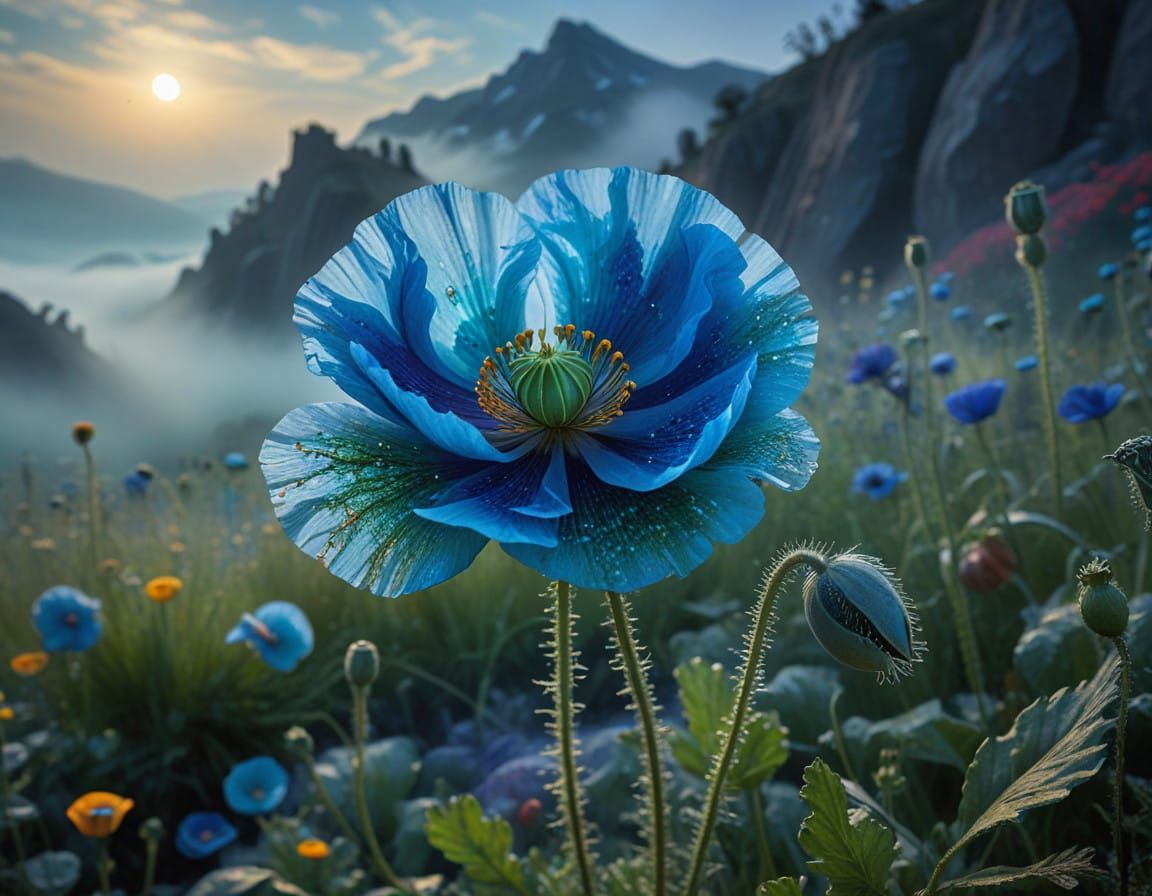 Himalayan Blue Poppy in Neo-Impressionist Style