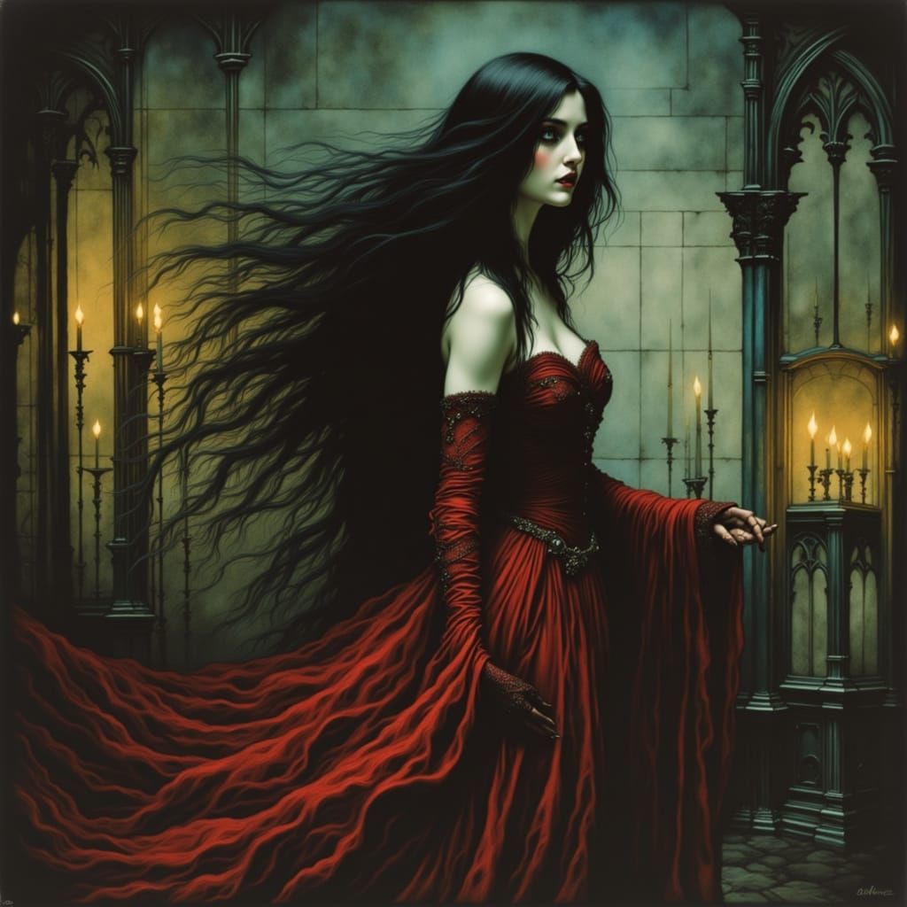 Gothic Sorceress in Candlelit Cathedral, Digital Art