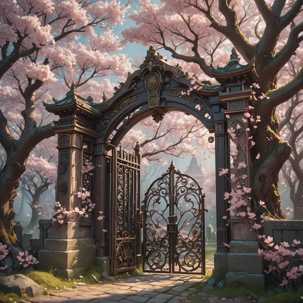 Mystical Gate in Cherry Blossom Forest
