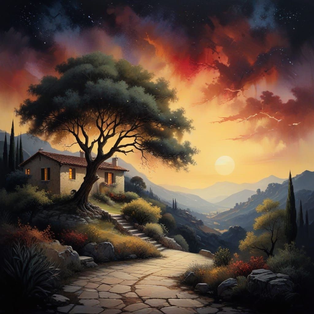 Serenely Lit Mediterranean Villa Under Starry Night Sky