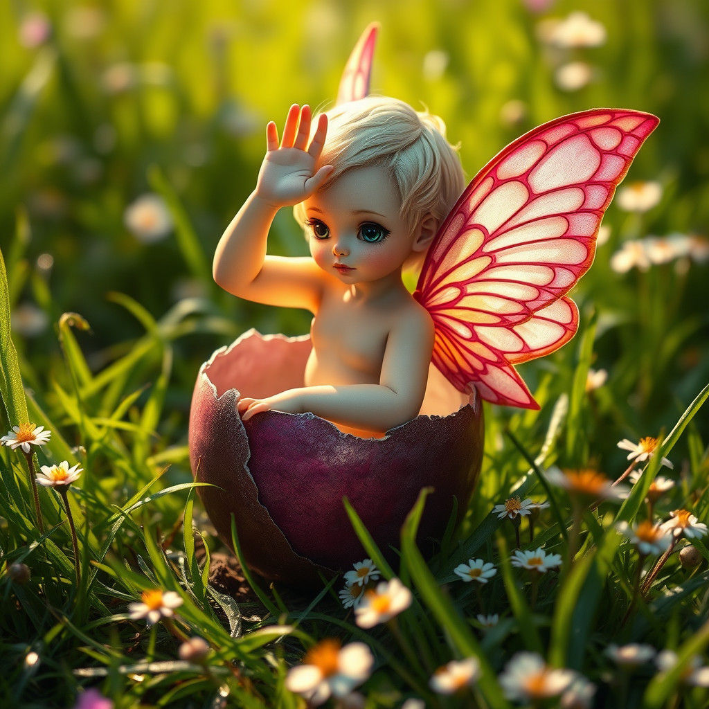 Cherubic Fairy Emerges from Purple Egg in Meadow