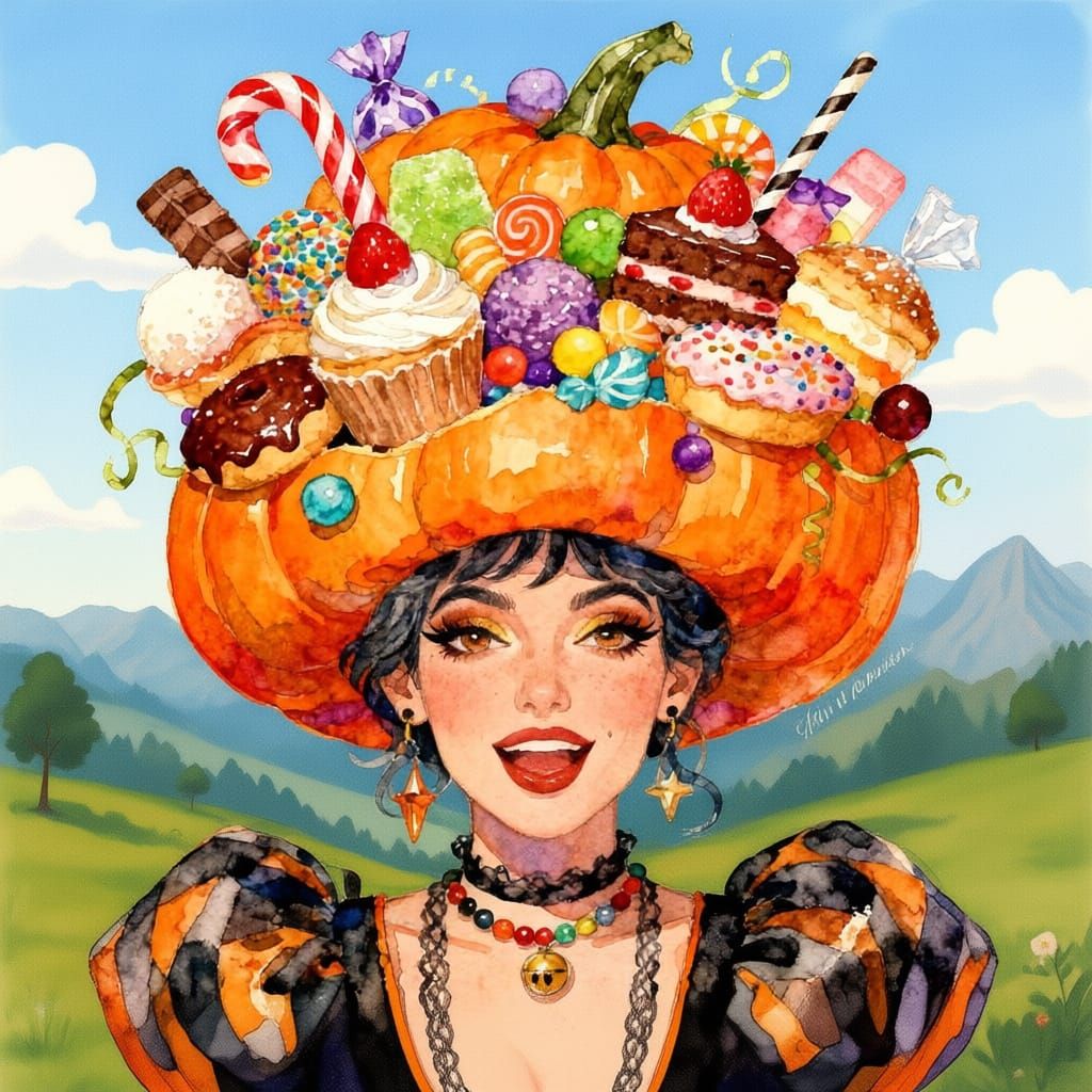 Woman with Pumpkin Hat Full of Sweets in Maximalist Watercol...