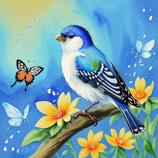 Bird and Butterfly Watercolor in Gouache Style