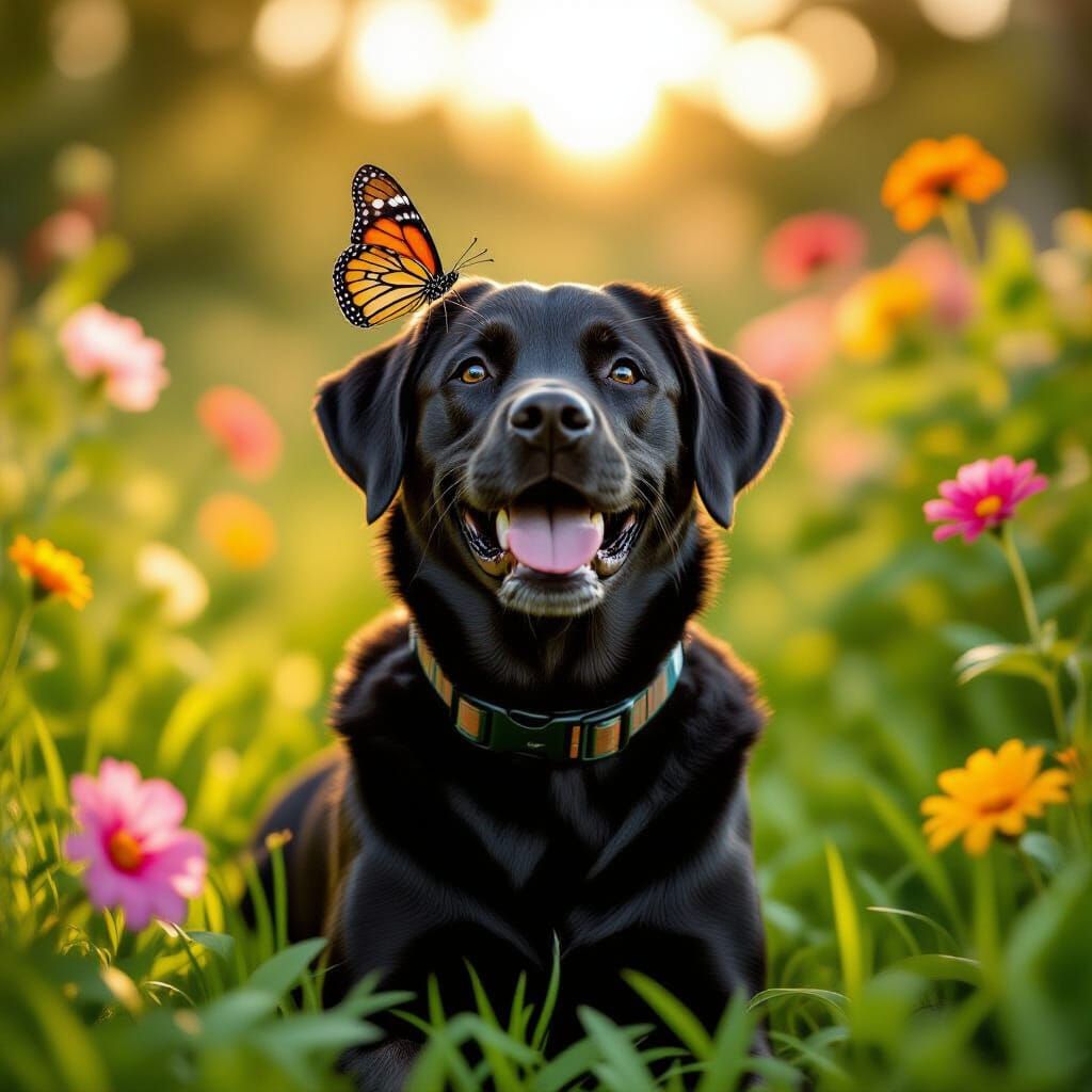 Labrador Retriever in a Tropical Flower Garden Photograph