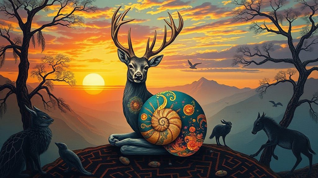 Mystical Deer Meditating at Sunset in Surreal Style