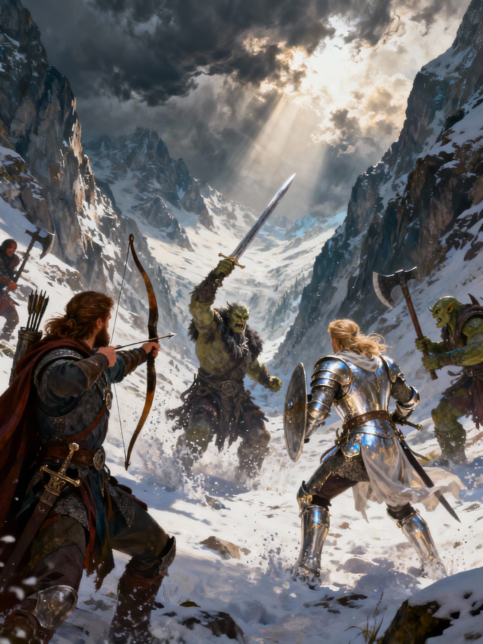 Fantasy Battle in Snowy Mountains with Elves and Dwarves
