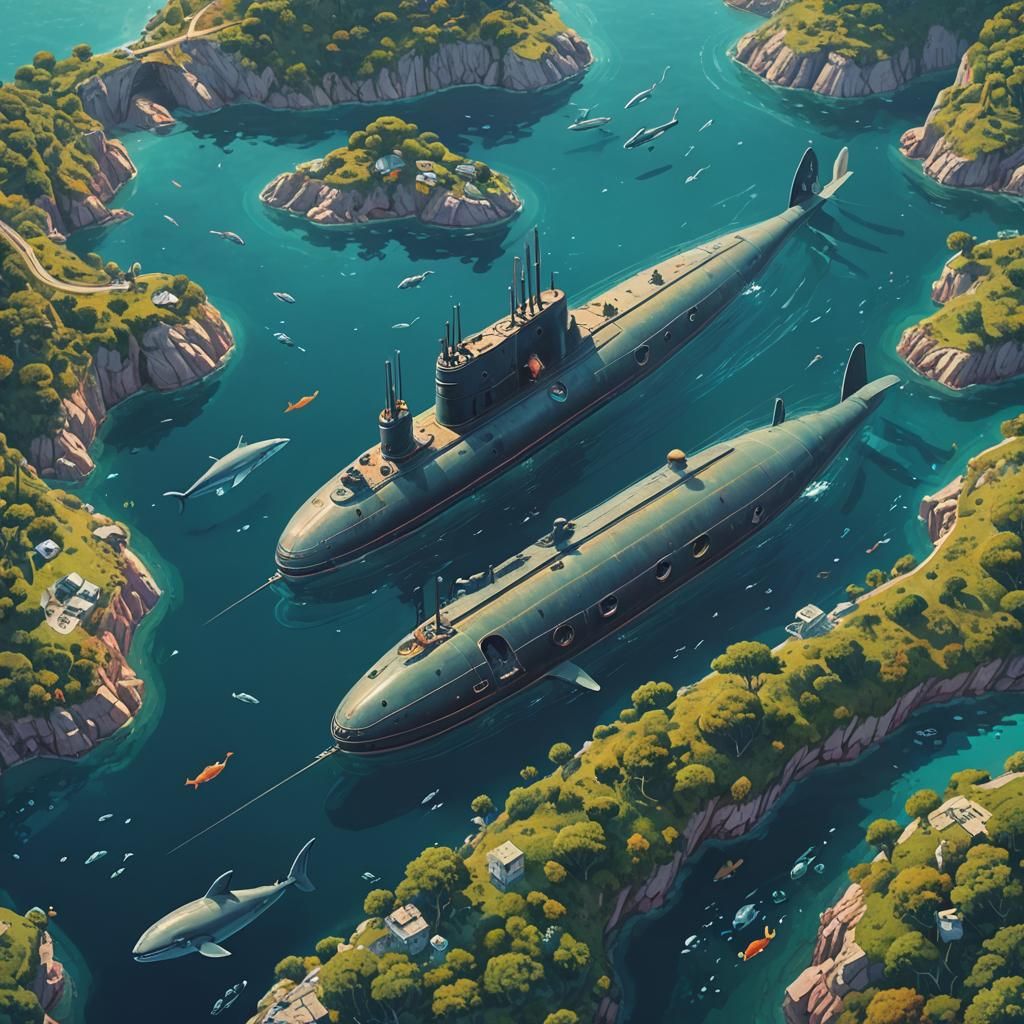 A whimsical submarine under the ocean; Mediterranean coastal biome, whales in the background; intricatly by Christian Di...