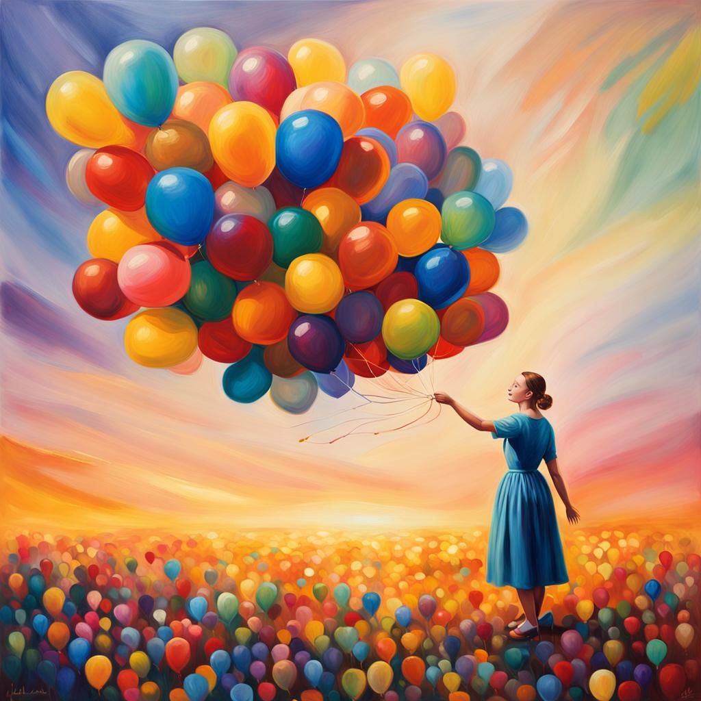 Lady with Balloons: Expressive Oil Painting