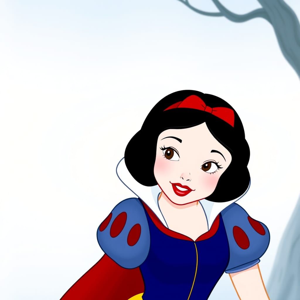 The original 1937 Disney Snow White with black hair, skin as white as snow, lips as red as ruby,  in her trademark outfi...