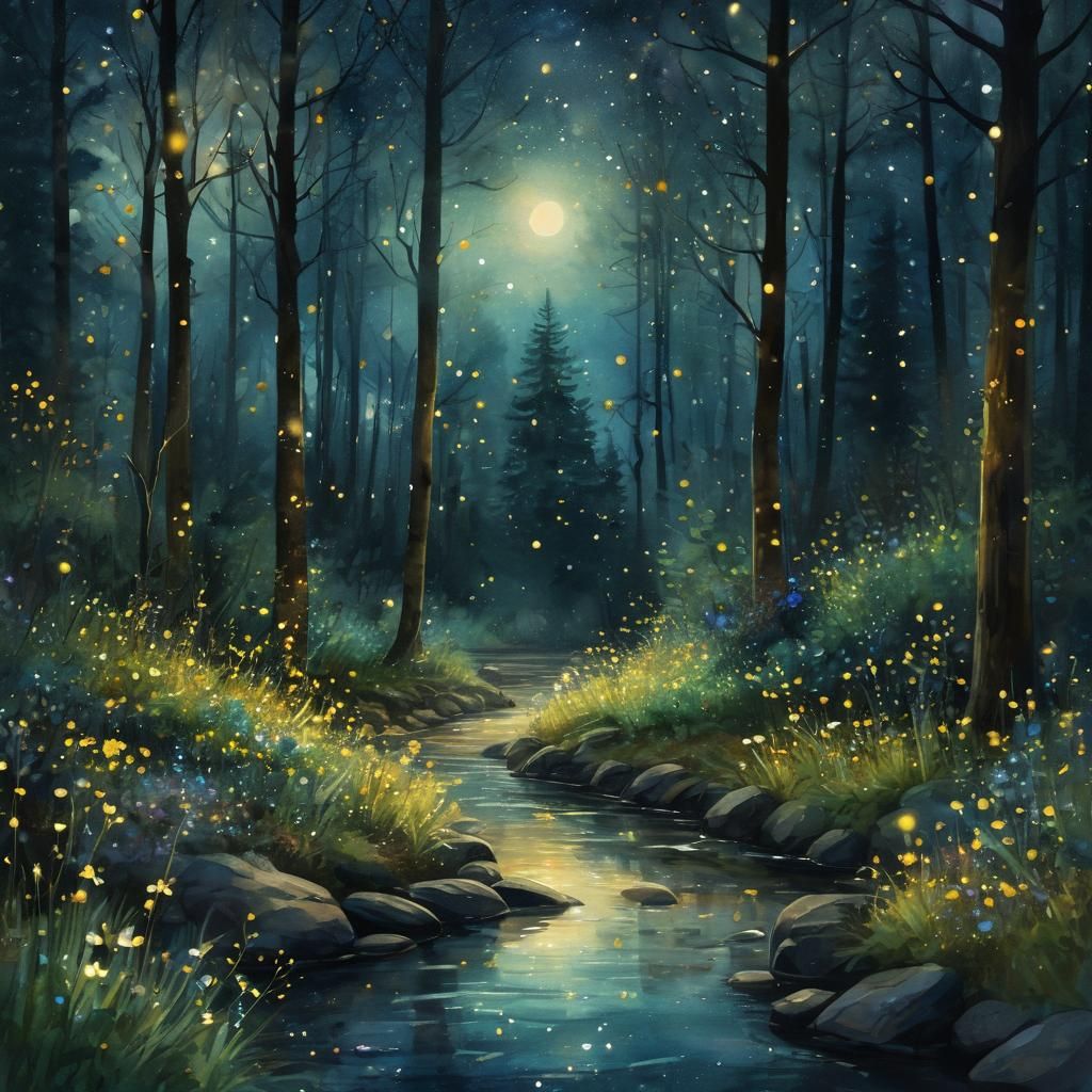 Enchanted Forest Stream in Digital Watercolor