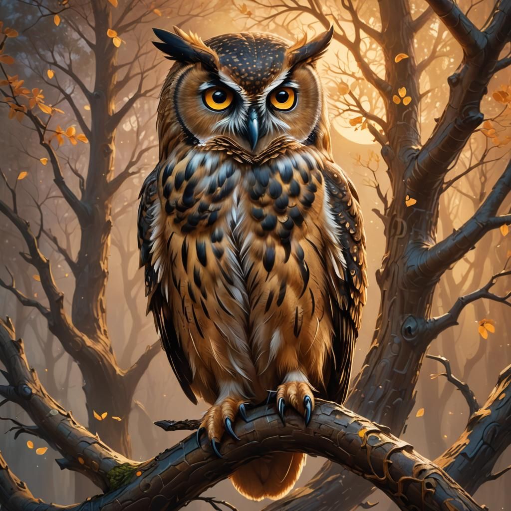 Wise Owl Perched on Mystical Branch in Fantasy Style