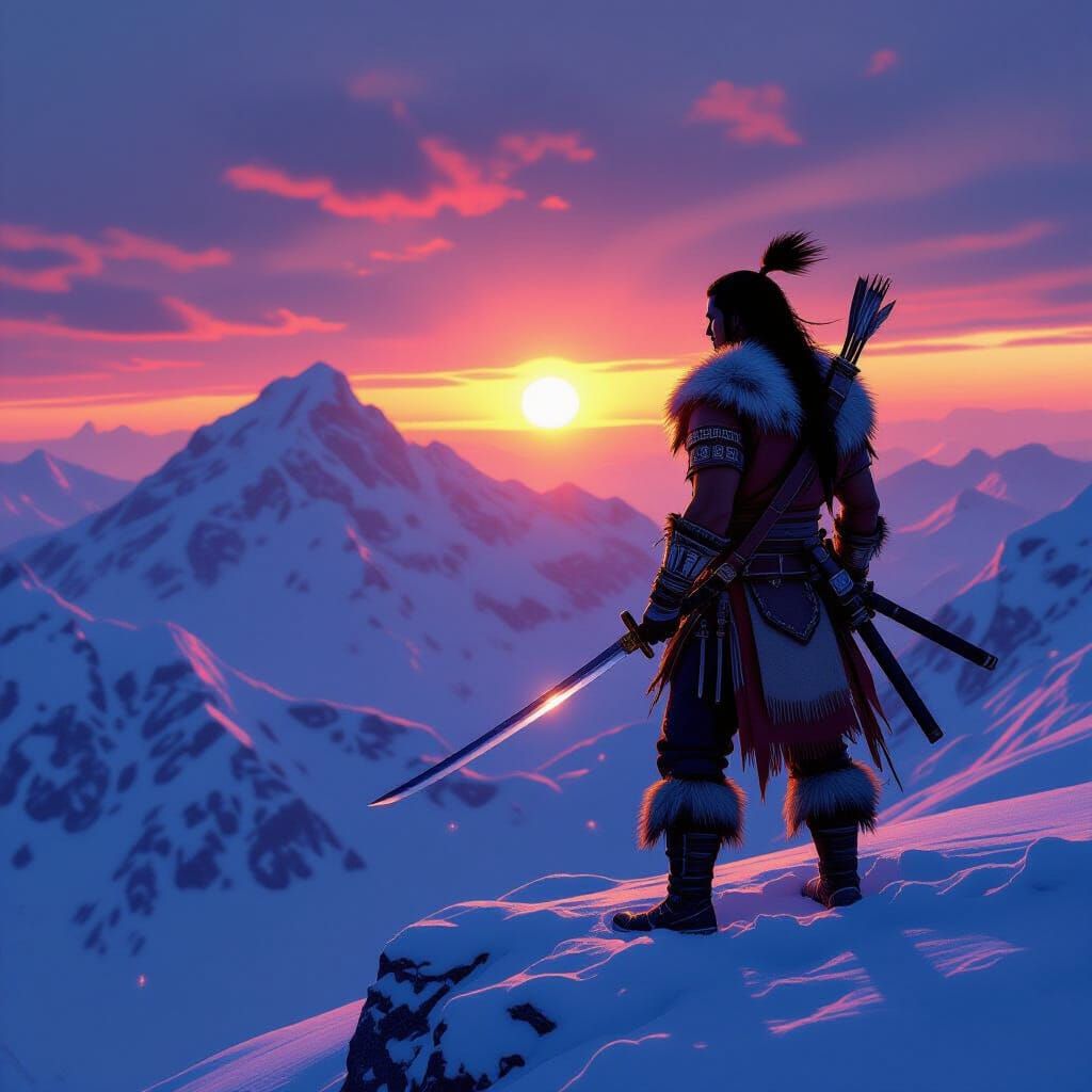 Apache Warrior on Snowy Peak at Dawn: Hyperrealistic Art