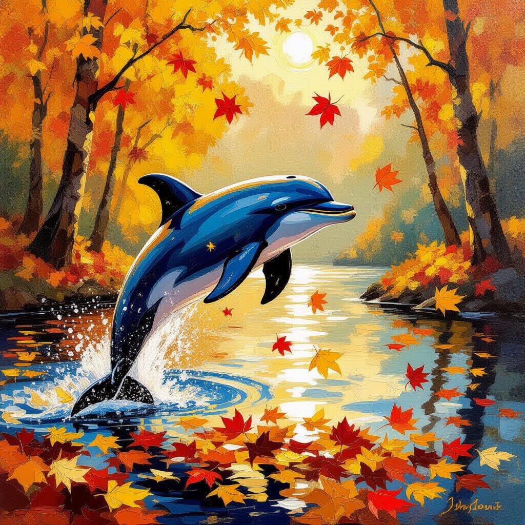 Playful Dolphin Leaps from Autumn Leaves in Impasto Oil Styl...