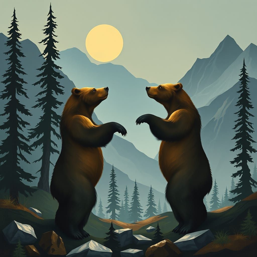 Majestic Grizzly Bears Confront in Moonlit Forest