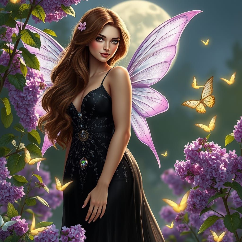 Hyperrealistic Fairy Tending Lilac Trees in Moonlight