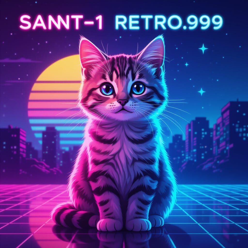 Cute Cat in Synthwave Neon Retro Style