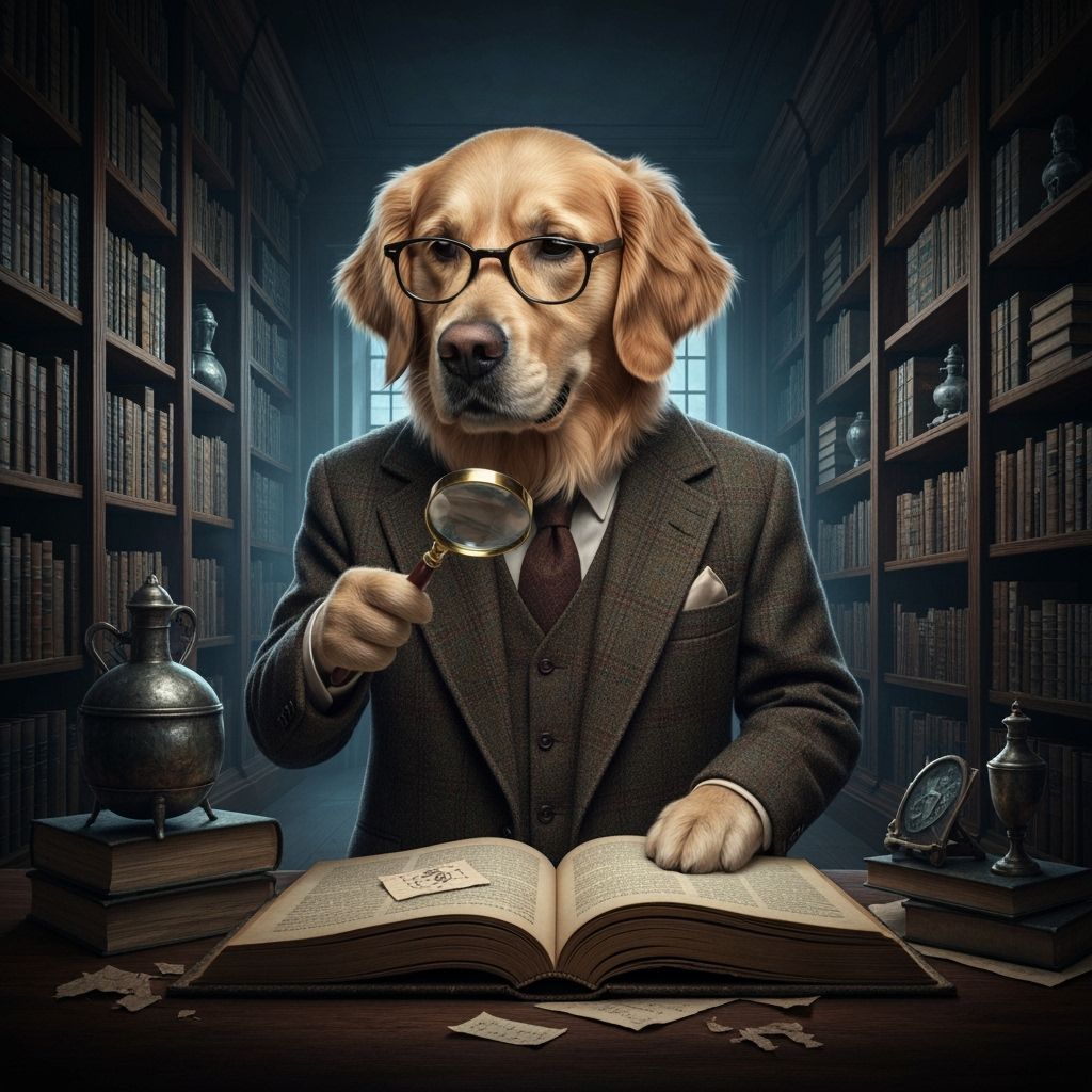 Golden Retriever Detective in Noir Library